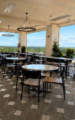 Restaurant patio tile before cleaning, dulled by grime